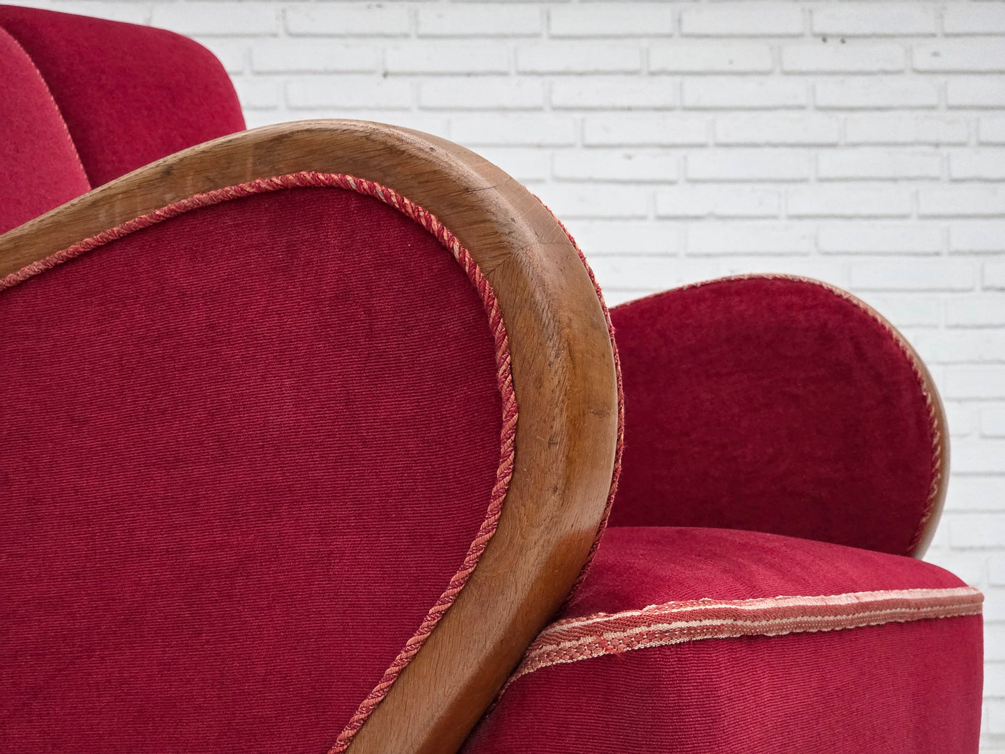 1960s, Danish armchair, red furniture velour, oak wood.