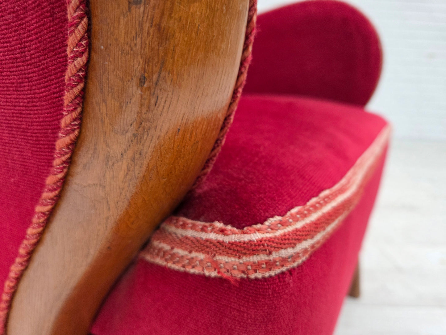 1960s, Danish armchair, red furniture velour, oak wood.