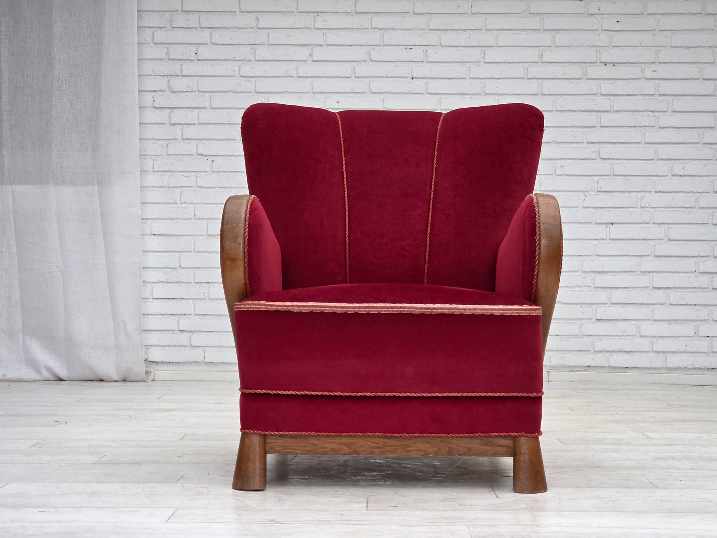 1960s, Danish armchair, red furniture velour, oak wood.