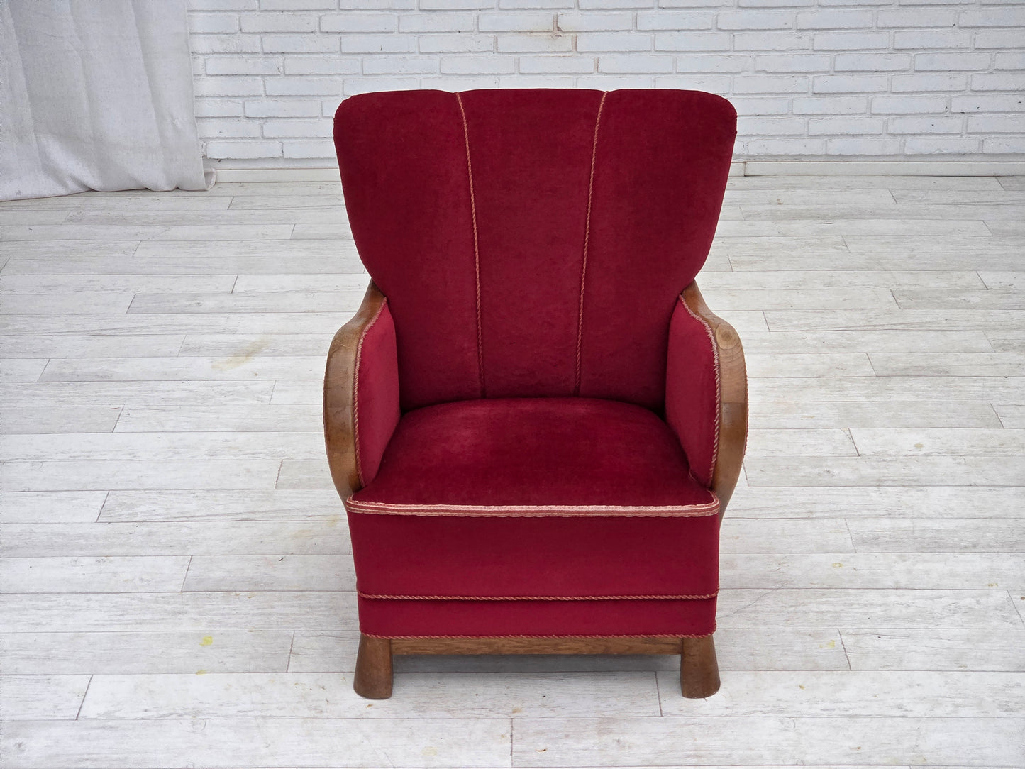 1960s, Danish armchair, red furniture velour, oak wood.