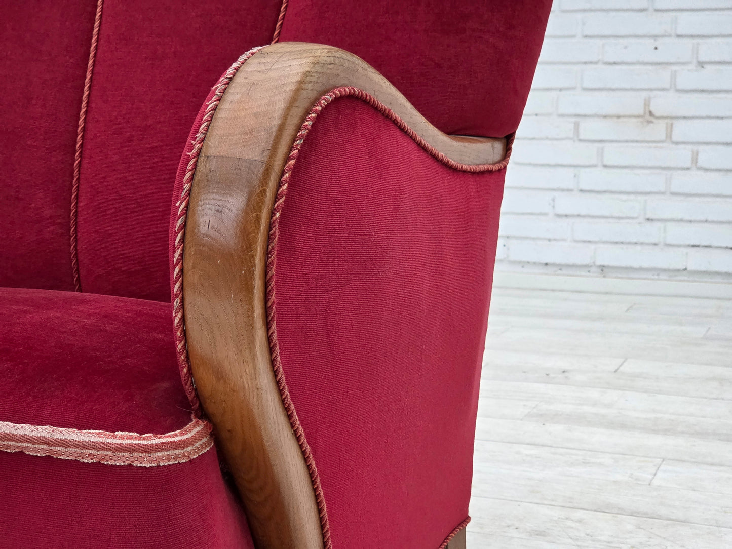 1960s, Danish armchair, red furniture velour, oak wood.