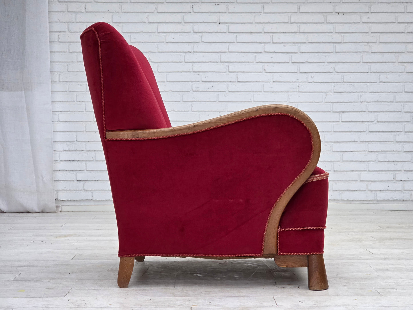 1960s, Danish armchair, red furniture velour, oak wood.