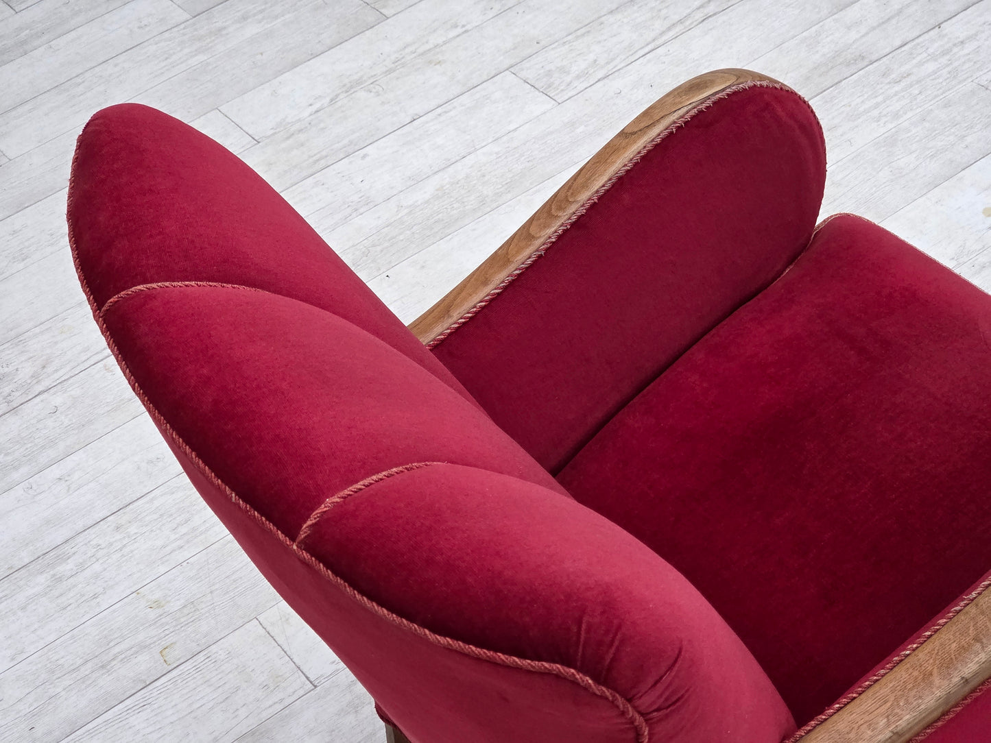 1960s, Danish armchair, red furniture velour, oak wood.