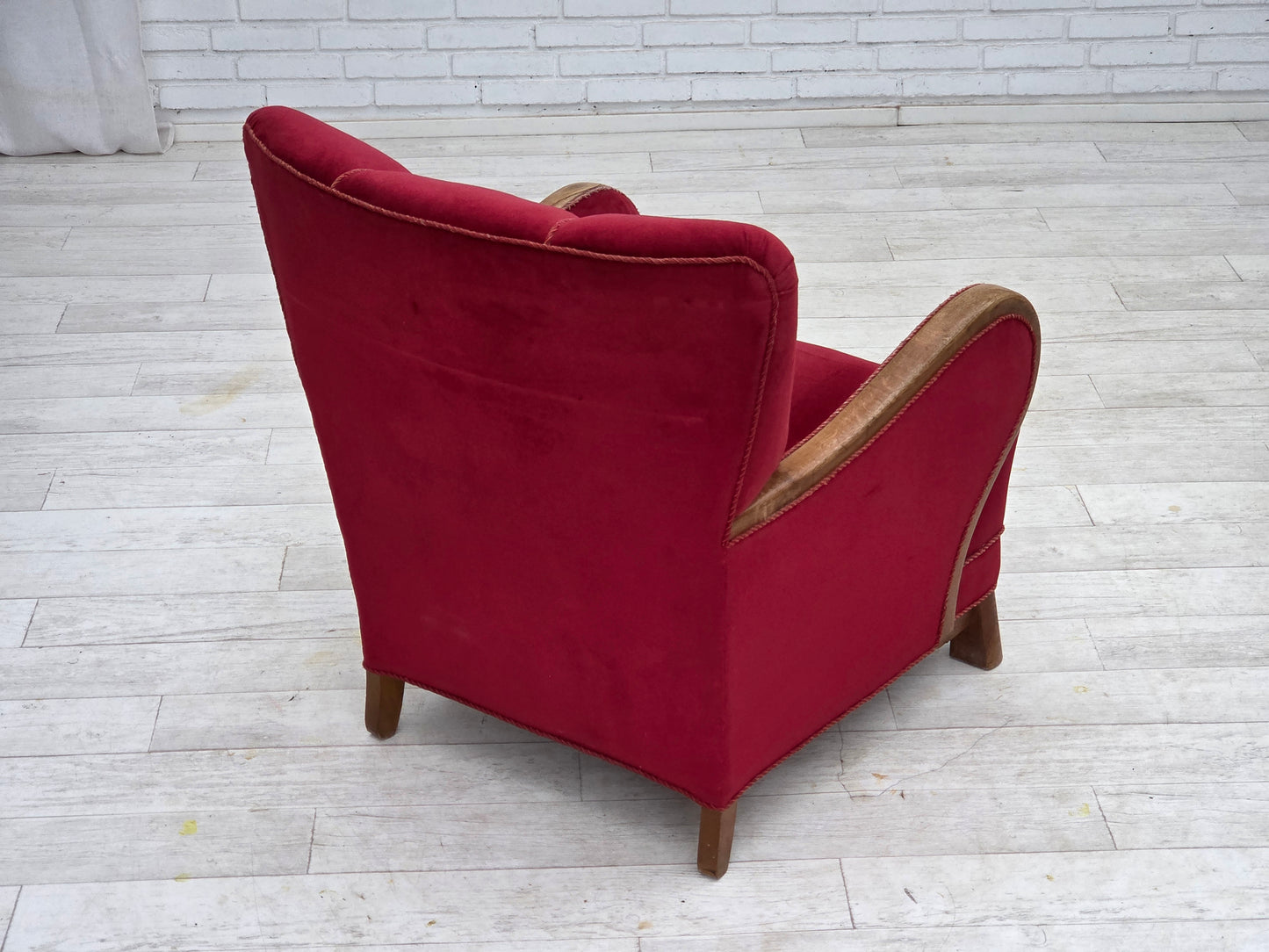 1960s, Danish armchair, red furniture velour, oak wood.