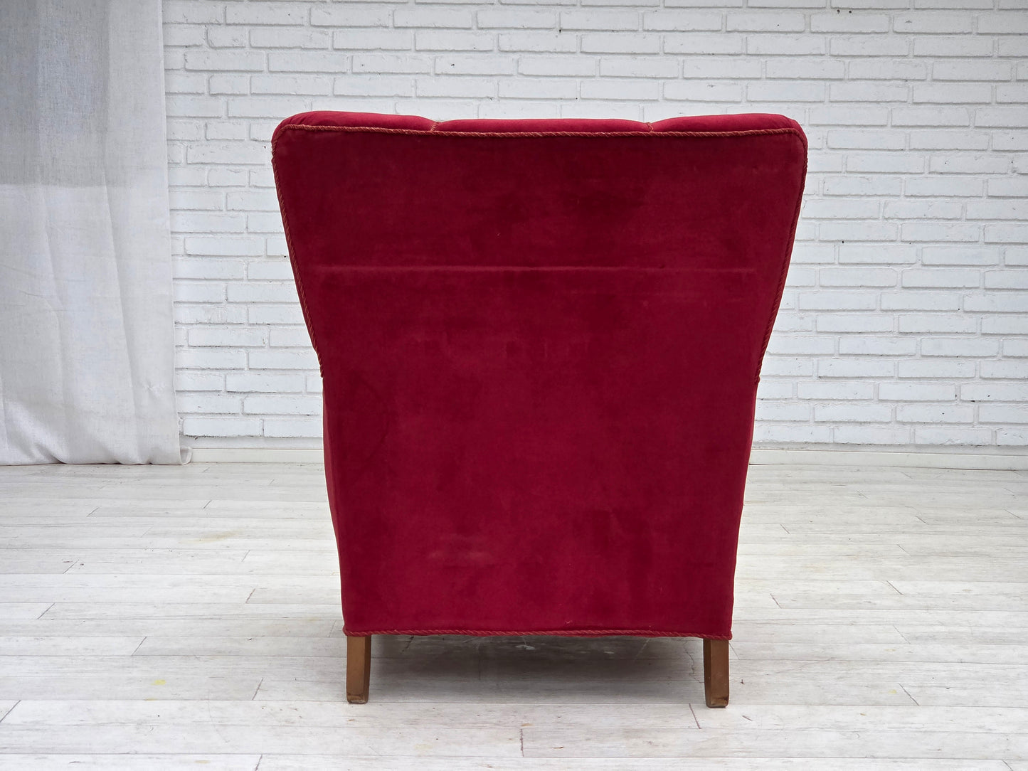 1960s, Danish armchair, red furniture velour, oak wood.