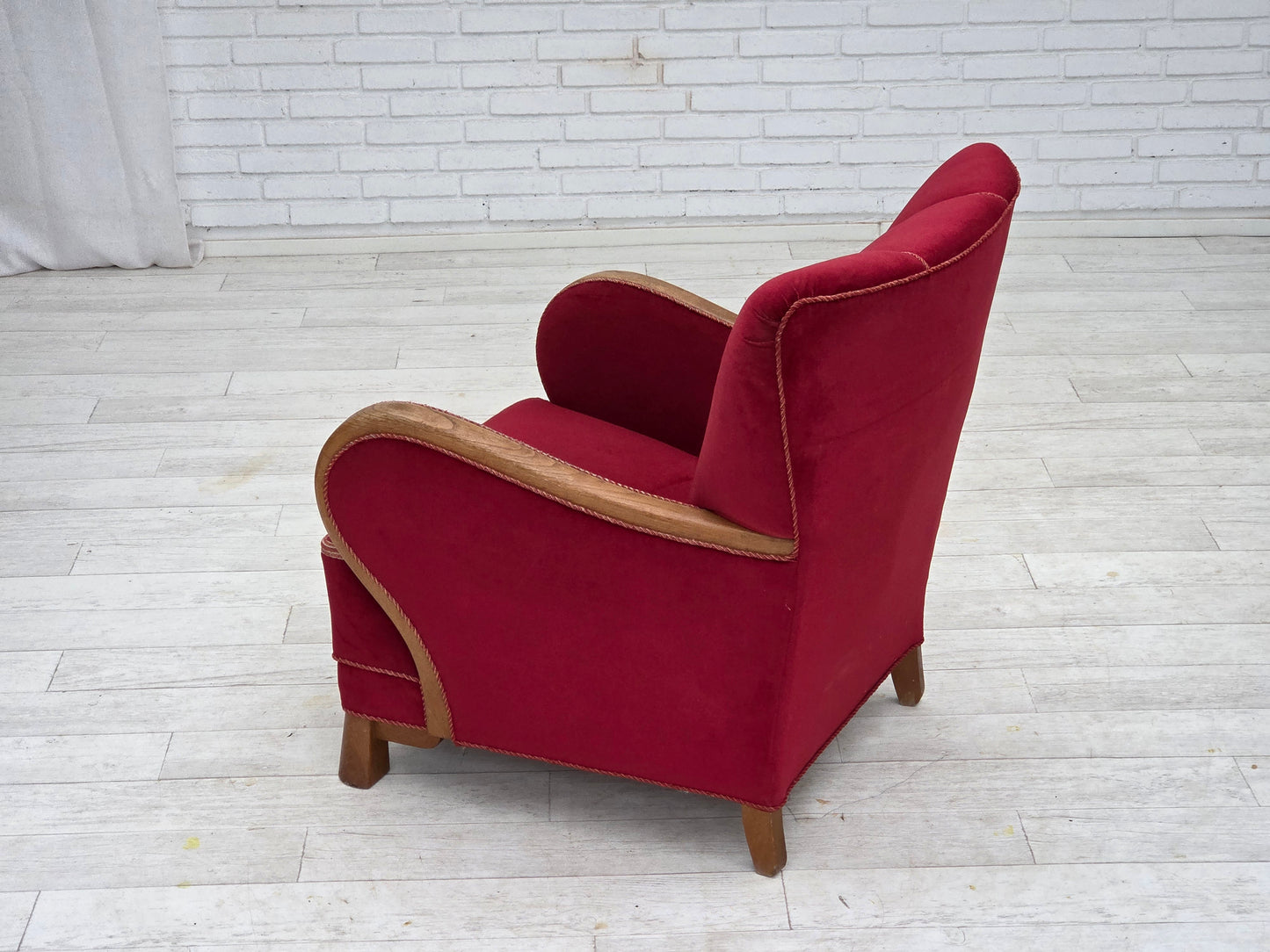1960s, Danish armchair, red furniture velour, oak wood.