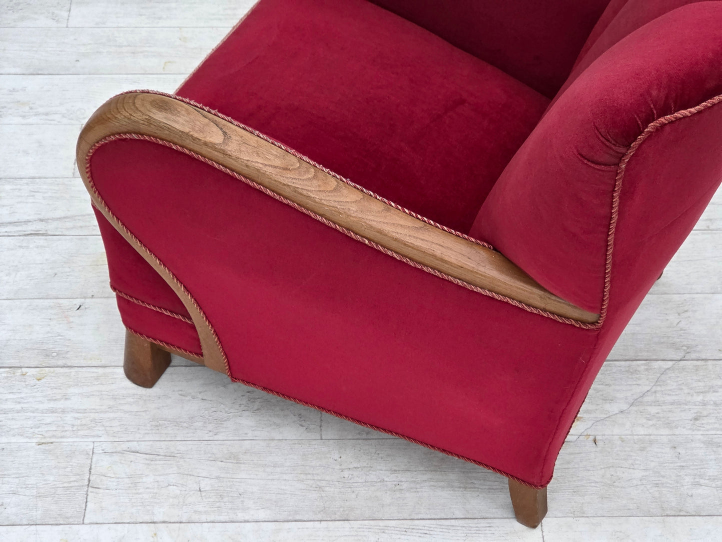 1960s, Danish armchair, red furniture velour, oak wood.