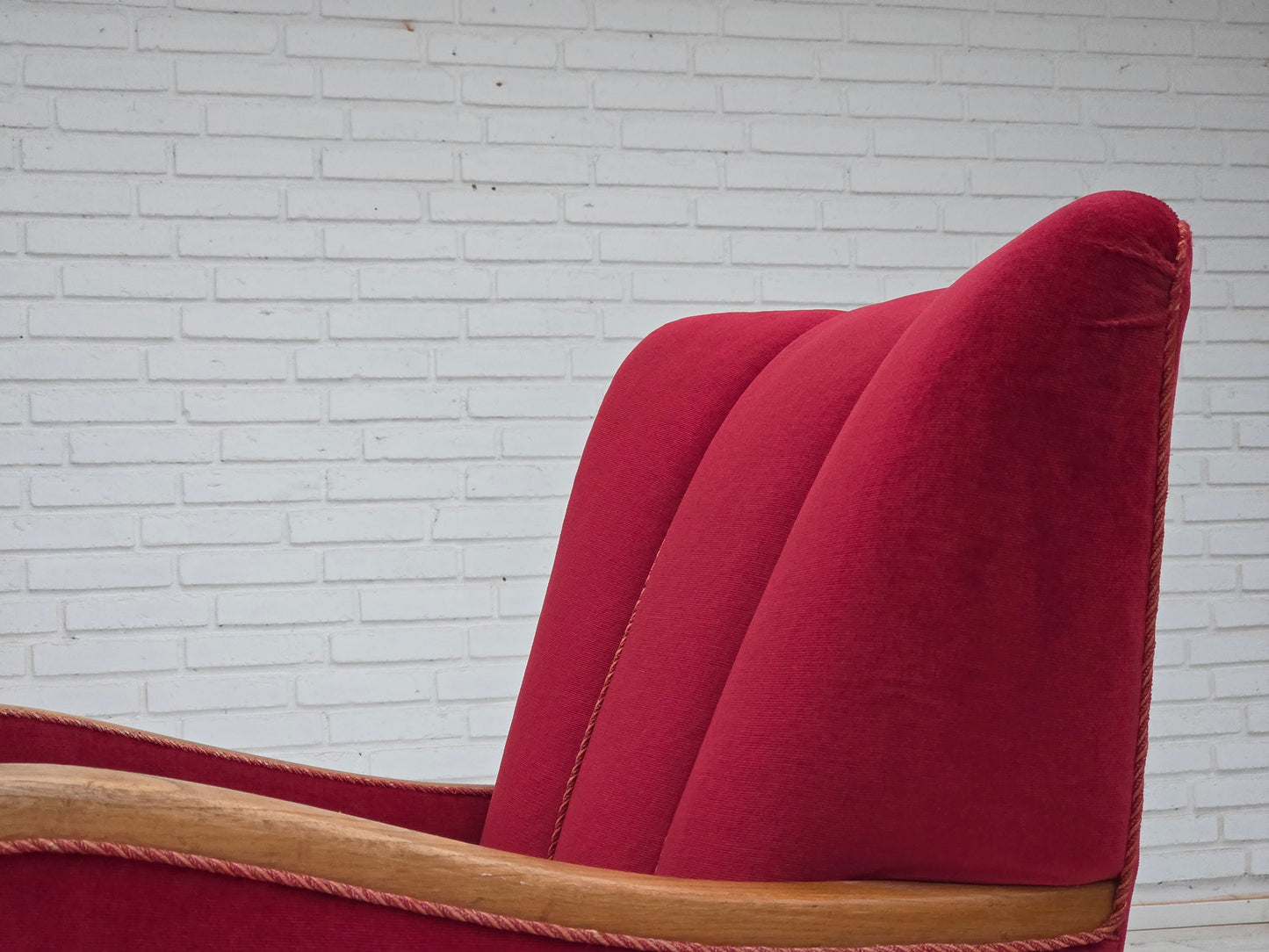 1960s, Danish armchair, red furniture velour, oak wood.