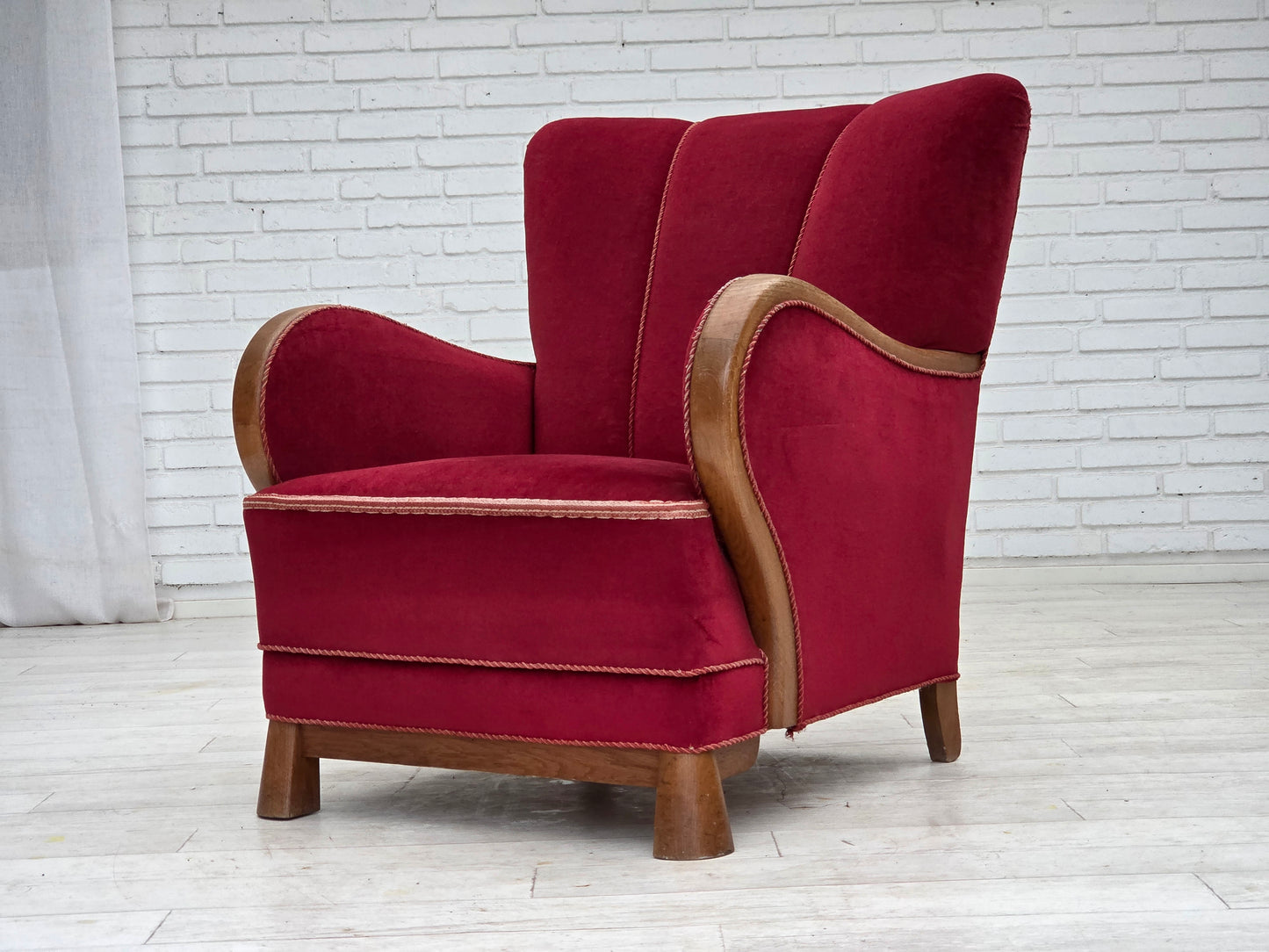 1960s, Danish armchair, red furniture velour, oak wood.