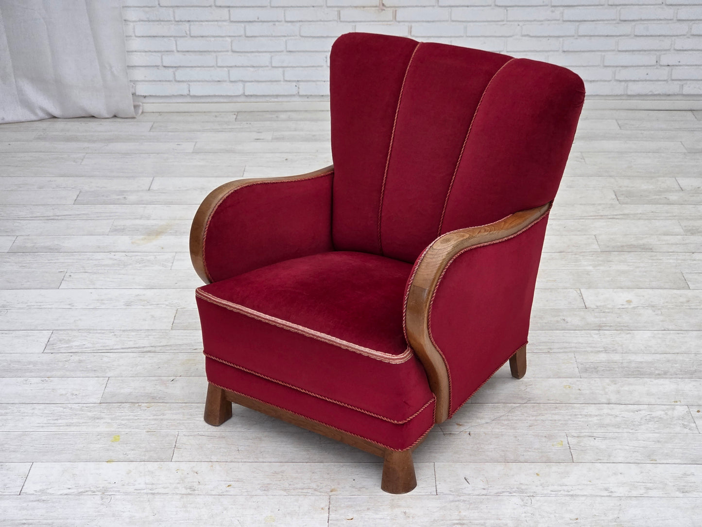 1960s, Danish armchair, red furniture velour, oak wood.