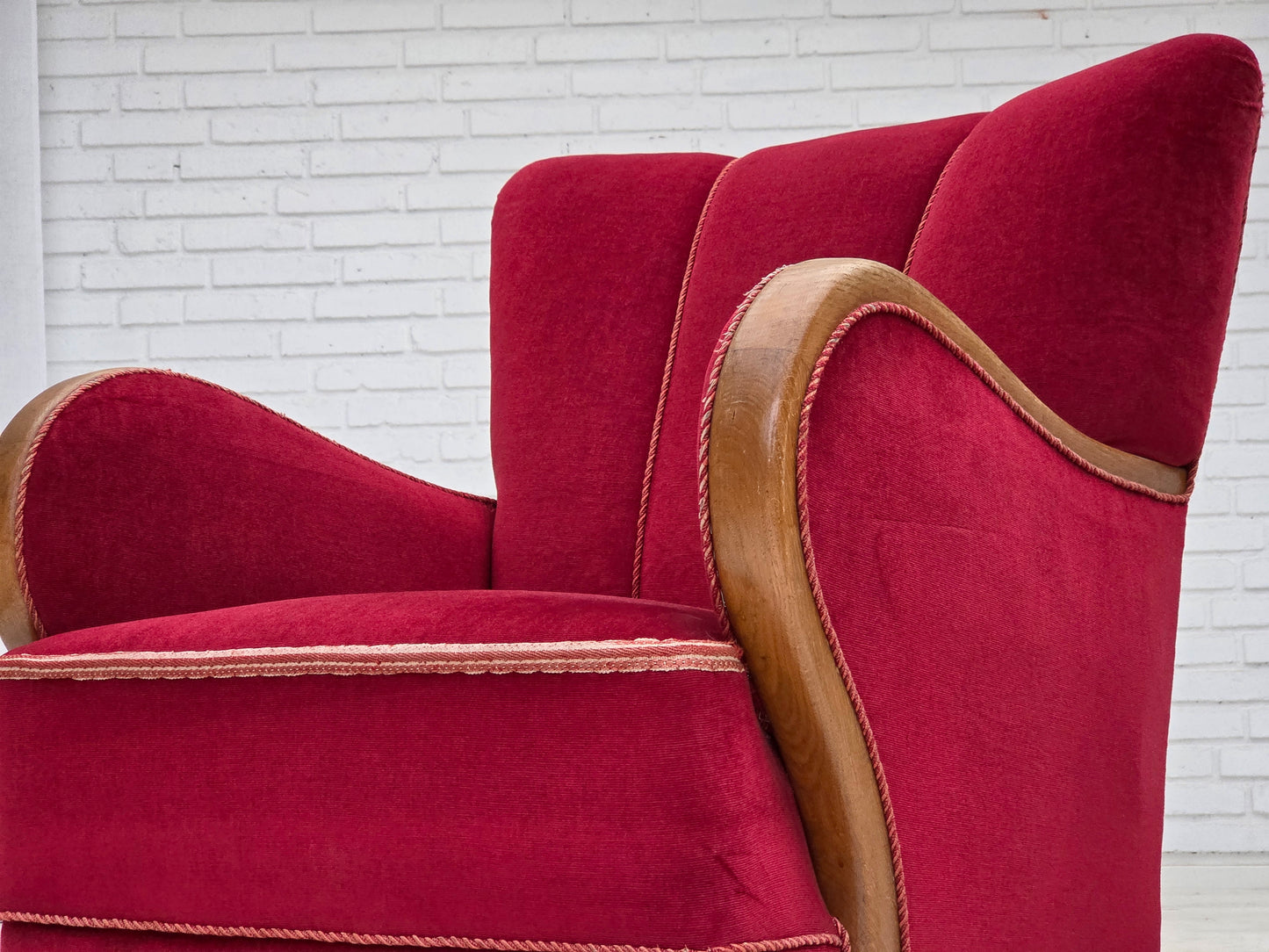 1960s, Danish armchair, red furniture velour, oak wood.