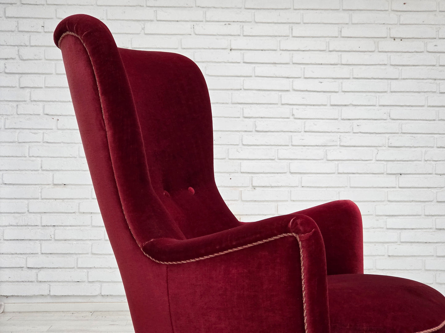 1970s, Danish armchair, cherry-red furniture velour, ash wood legs.