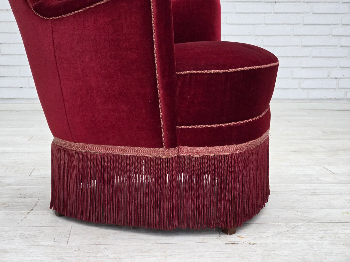 1970s, Danish armchair, cherry-red furniture velour, ash wood legs.