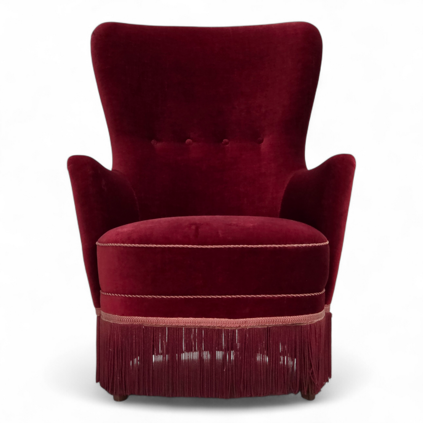 1970s, Danish armchair, cherry-red furniture velour, ash wood legs.