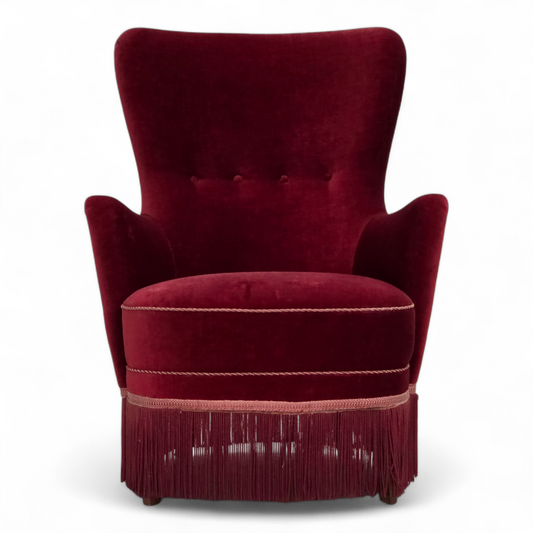 1970s, Danish armchair, cherry-red furniture velour, ash wood legs.
