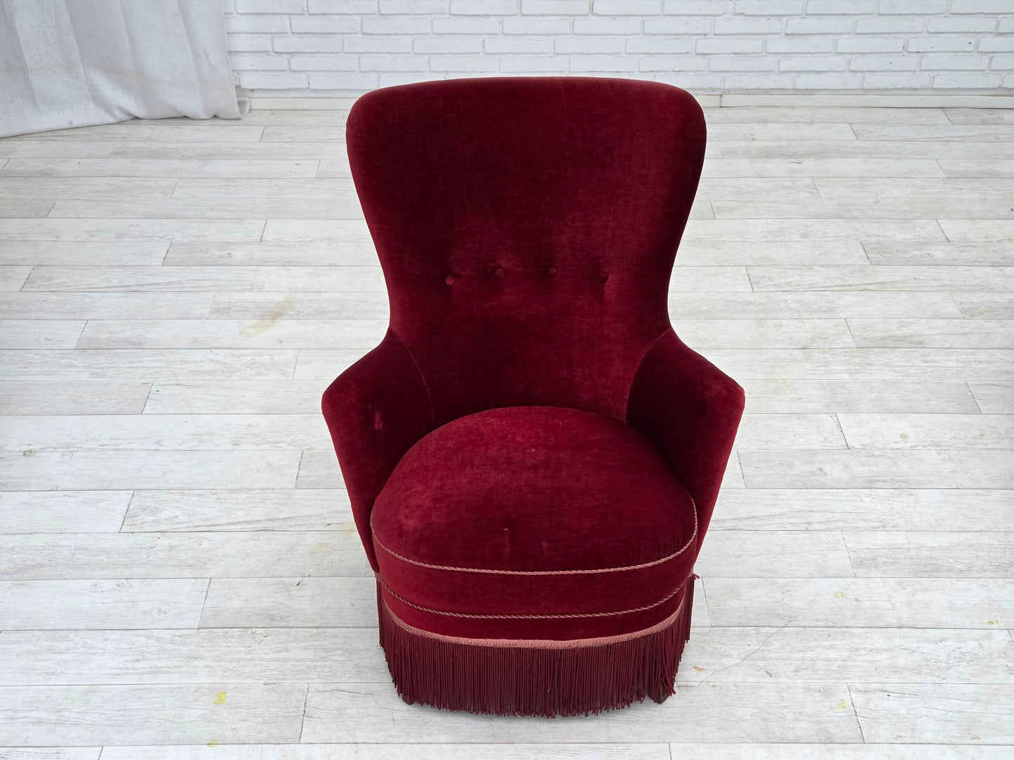 1970s, Danish armchair, cherry-red furniture velour, ash wood legs.
