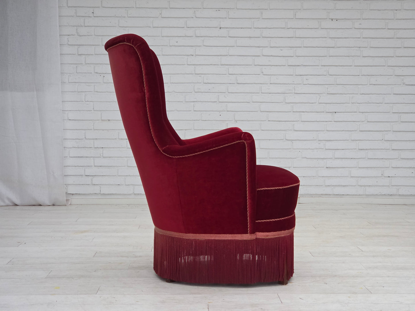 1970s, Danish armchair, cherry-red furniture velour, ash wood legs.