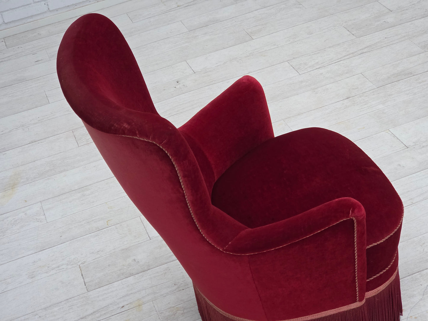 1970s, Danish armchair, cherry-red furniture velour, ash wood legs.