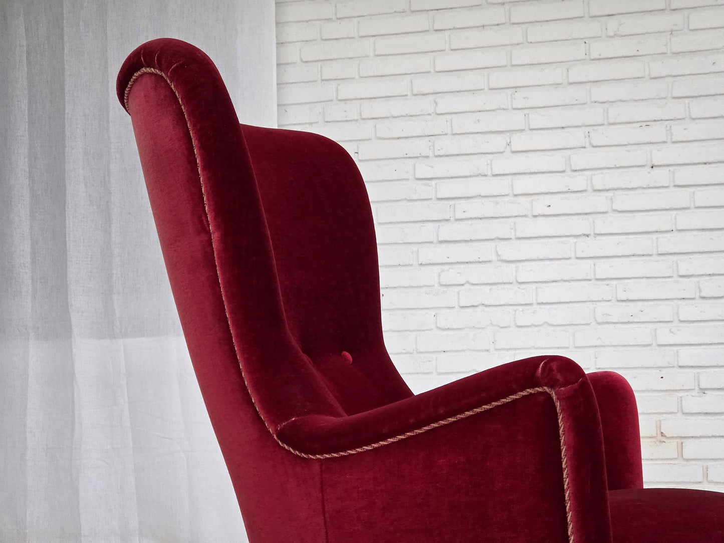 1970s, Danish armchair, cherry-red furniture velour, ash wood legs.