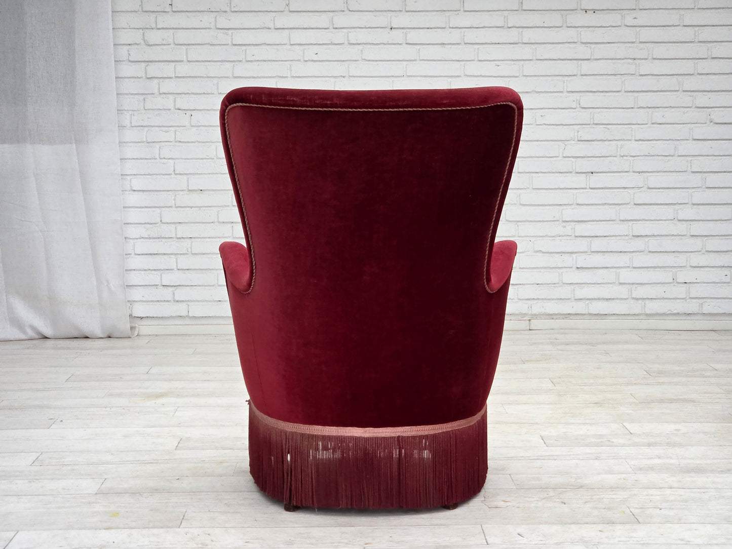 1970s, Danish armchair, cherry-red furniture velour, ash wood legs.