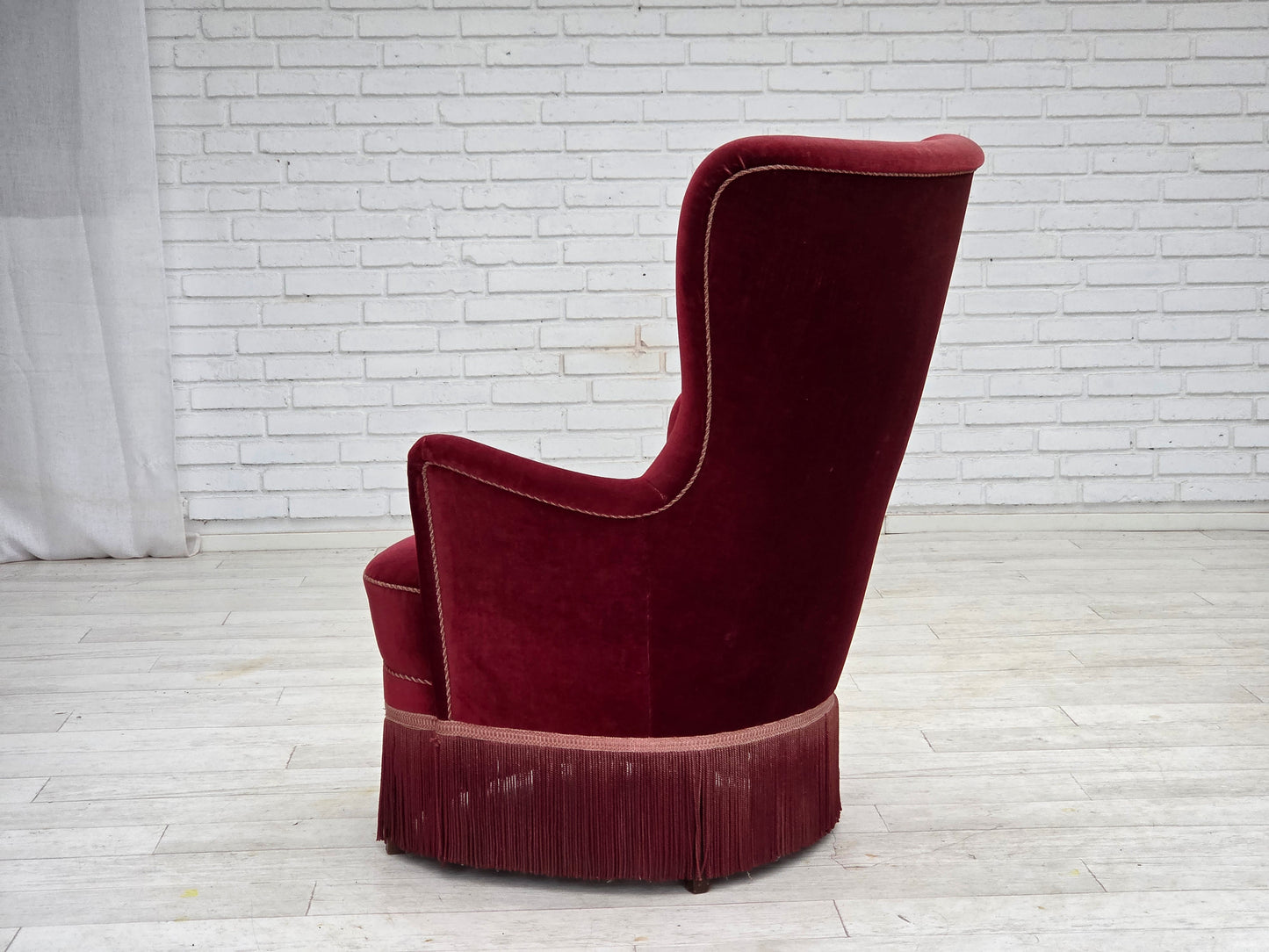 1970s, Danish armchair, cherry-red furniture velour, ash wood legs.