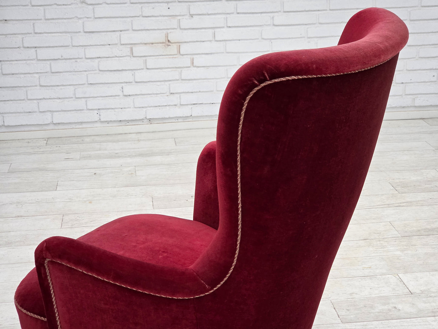 1970s, Danish armchair, cherry-red furniture velour, ash wood legs.