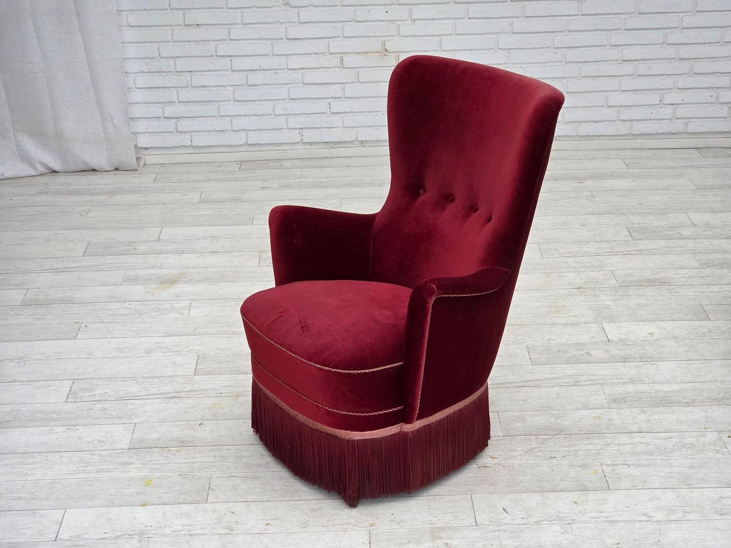 1970s, Danish armchair, cherry-red furniture velour, ash wood legs.