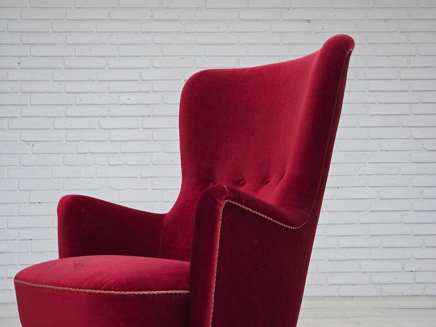 1970s, Danish armchair, cherry-red furniture velour, ash wood legs.