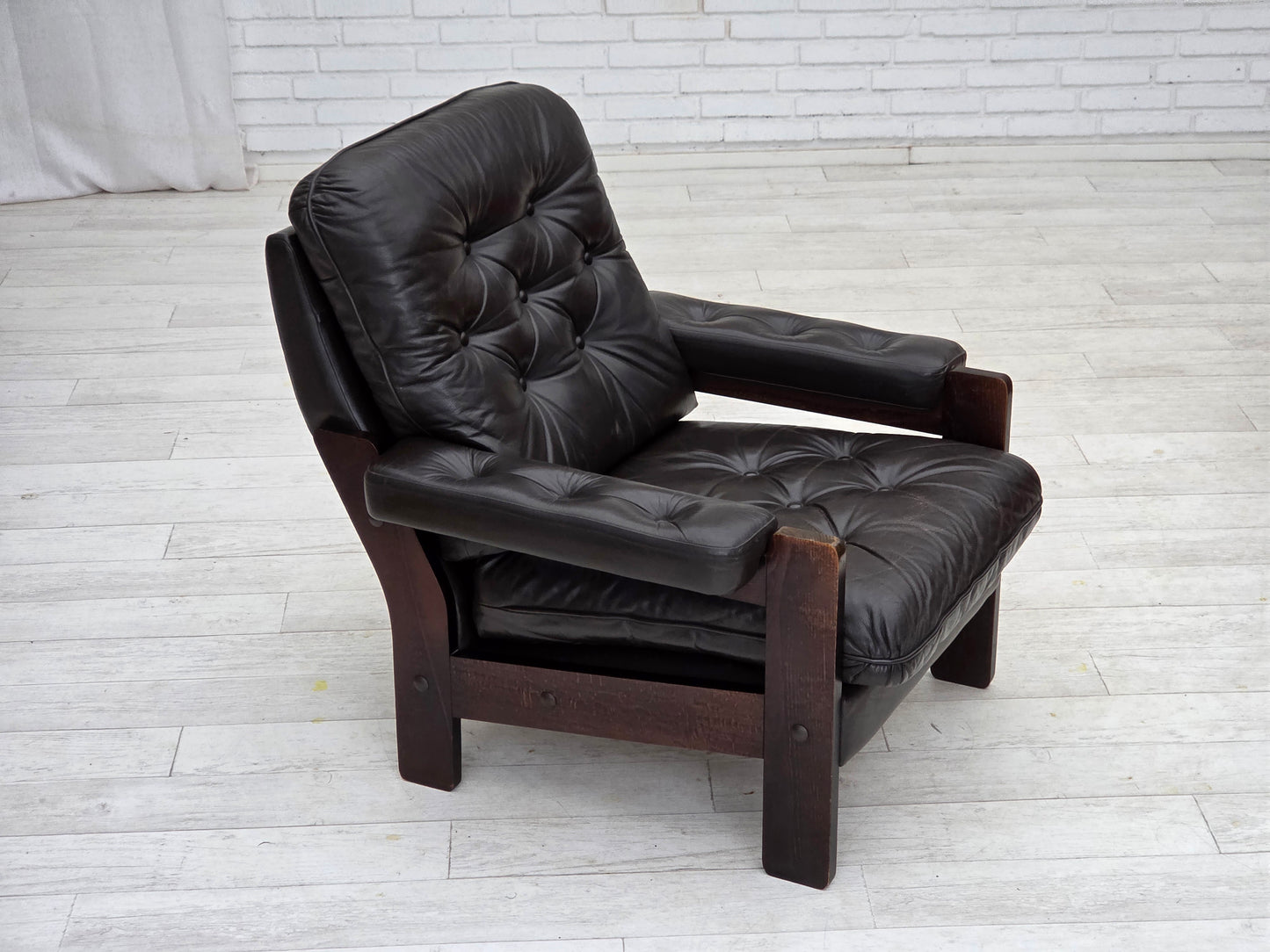 1970s, Danish armchair, brown furniture leather, oak wood.