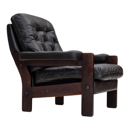 1970s, Danish armchair, brown furniture leather, oak wood.
