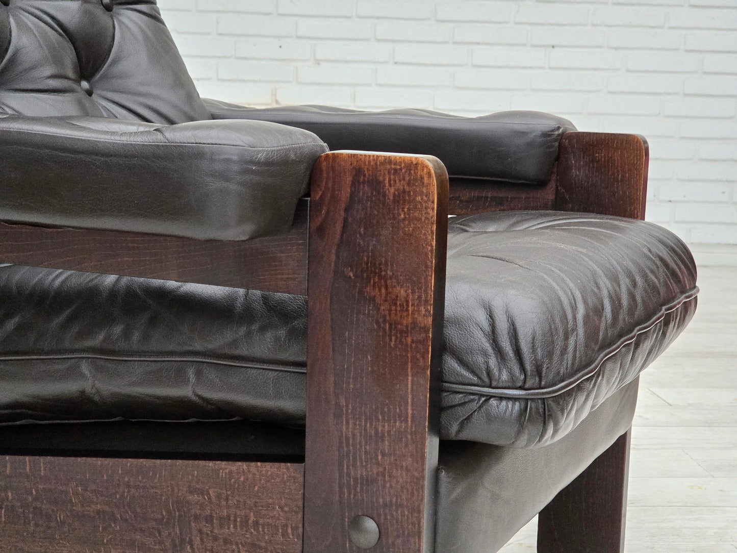 1970s, Danish armchair, brown furniture leather, oak wood.