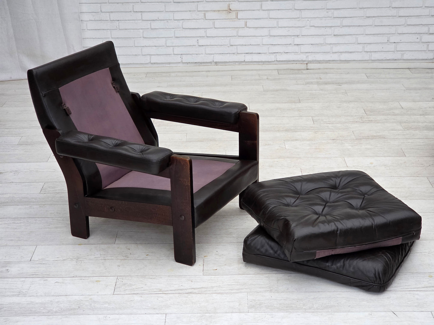 1970s, Danish armchair, brown furniture leather, oak wood.