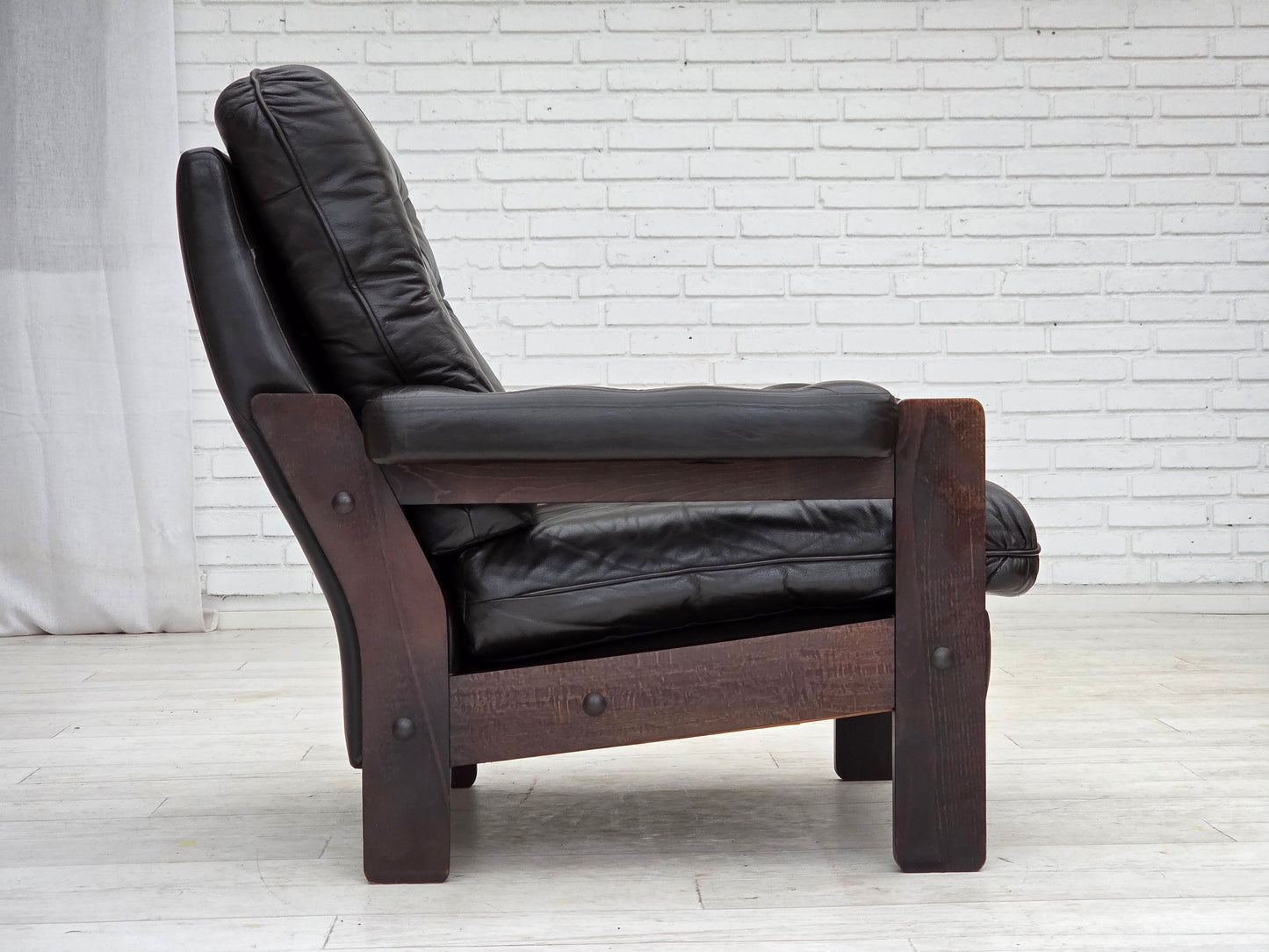1970s, Danish armchair, brown furniture leather, oak wood.