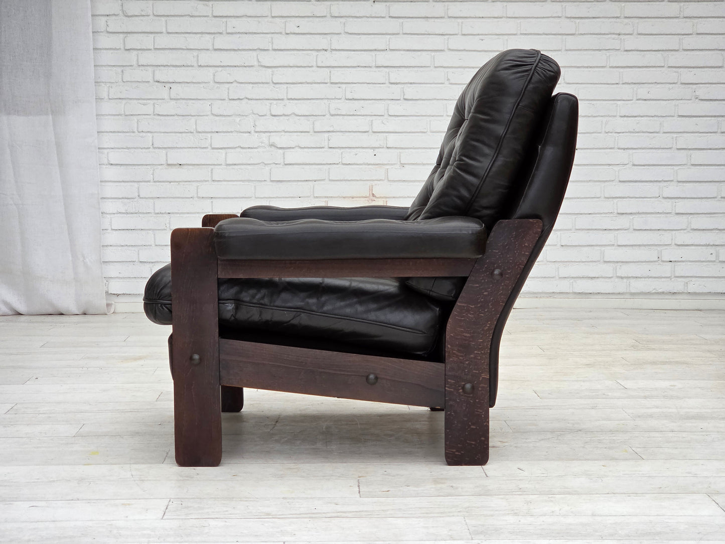 1970s, Danish armchair, brown furniture leather, oak wood.