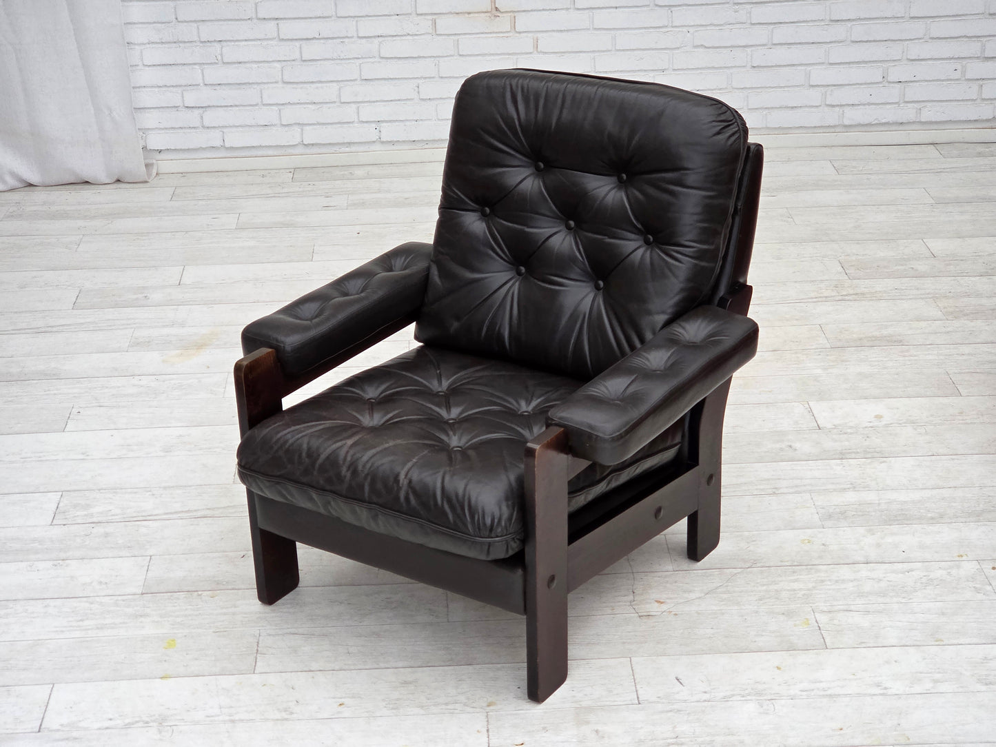 1970s, Danish armchair, brown furniture leather, oak wood.
