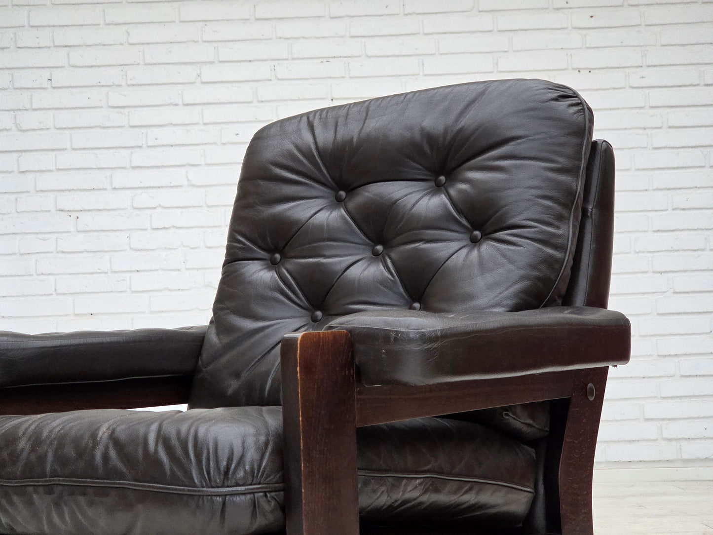 1970s, Danish armchair, brown furniture leather, oak wood.