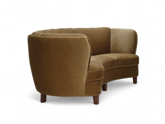 1960s, 3-seater Danish "Banana" sofa, original olive/green furniture velour.