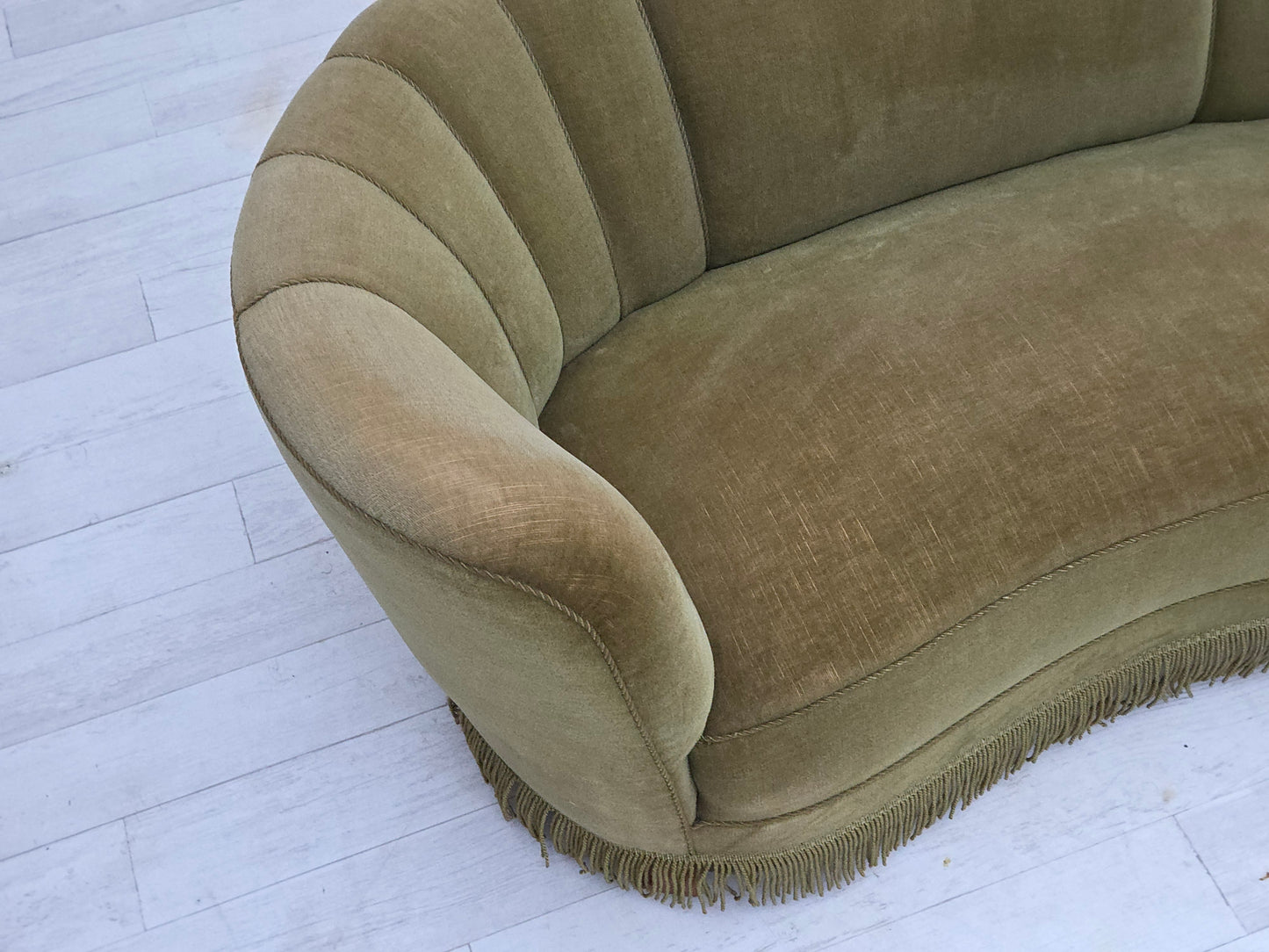 1960s, Danish 2-seater "Banana" sofa, original green furniture velour.