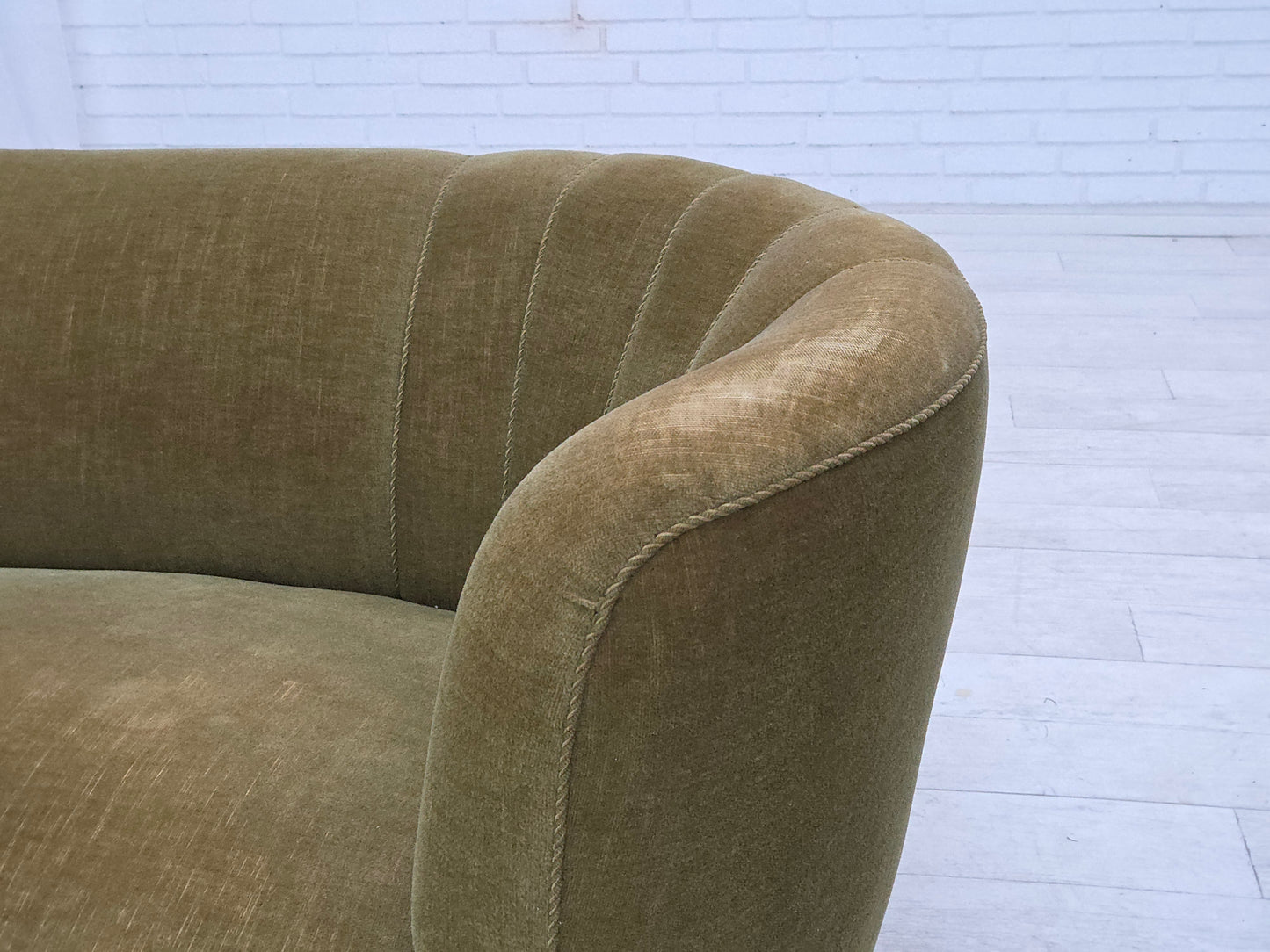 1960s, Danish 2-seater "Banana" sofa, original green furniture velour.