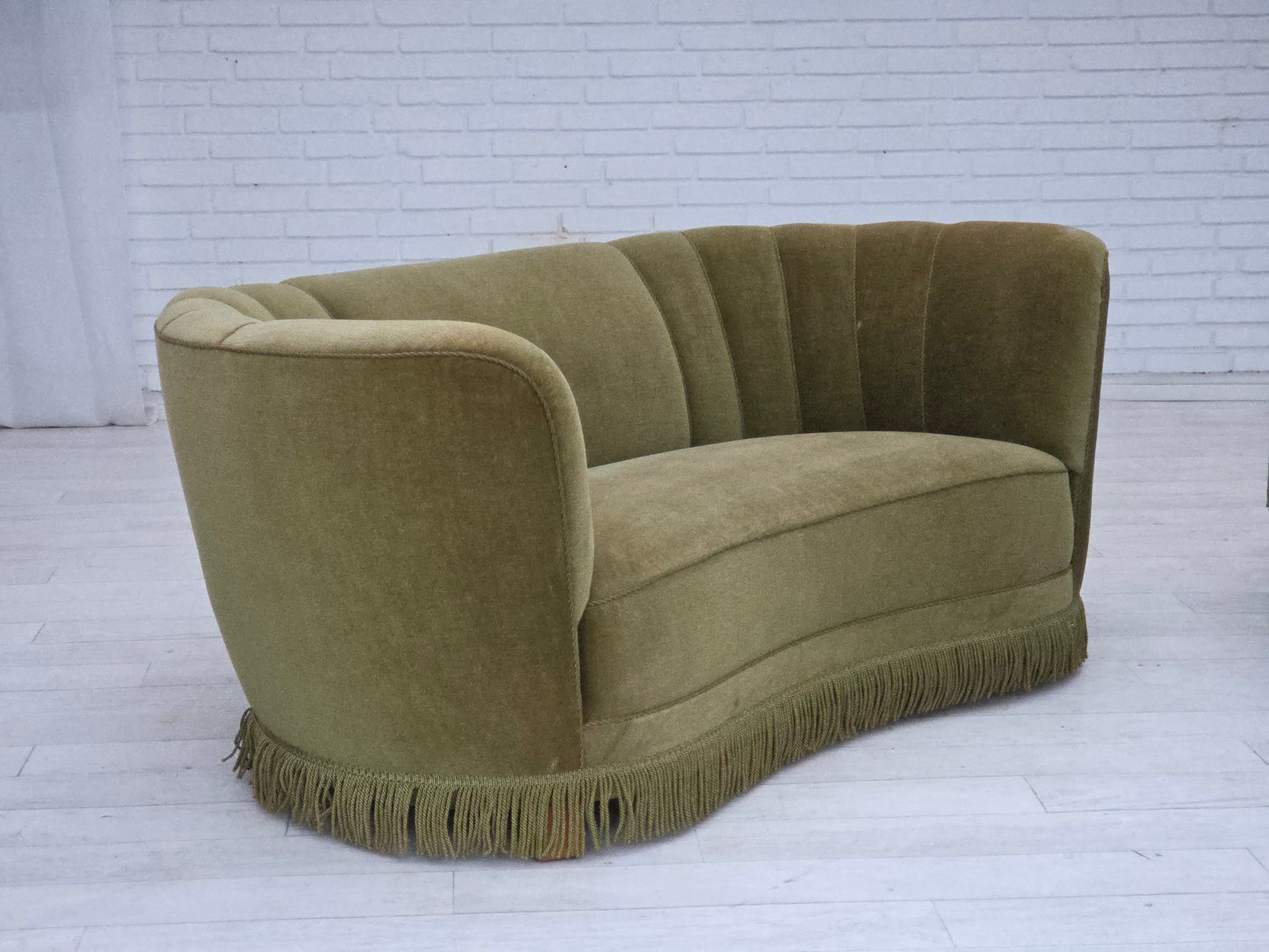 1960s, Danish 2-seater "Banana" sofa, original green furniture velour.
