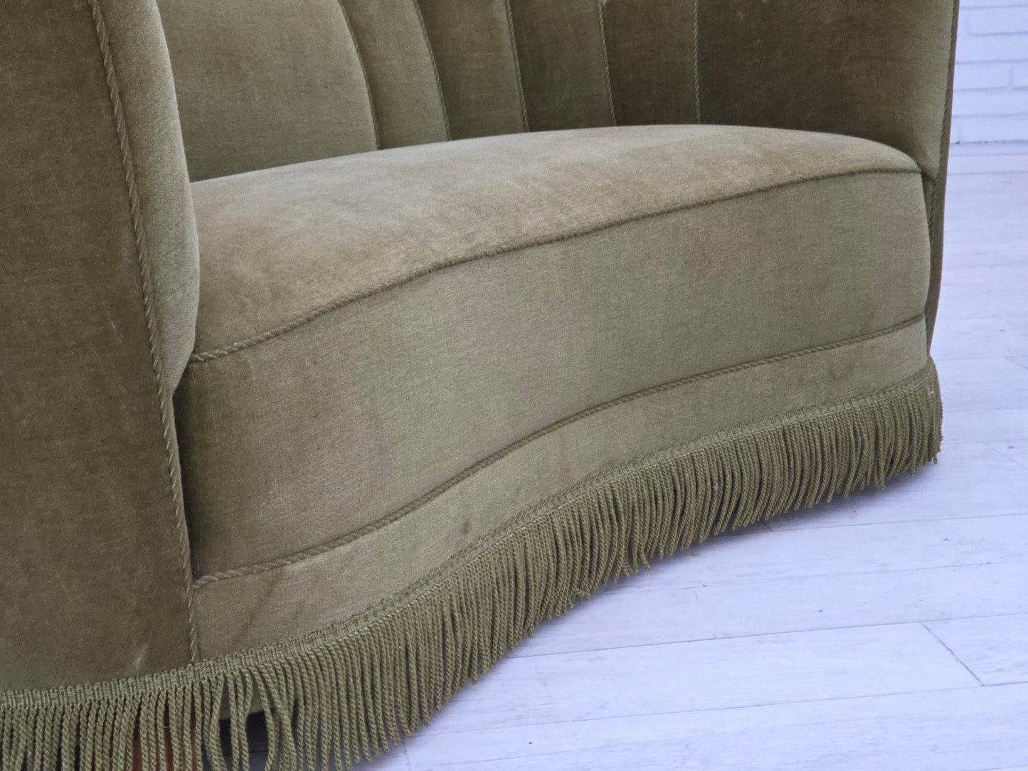 1960s, Danish 2-seater "Banana" sofa, original green furniture velour.