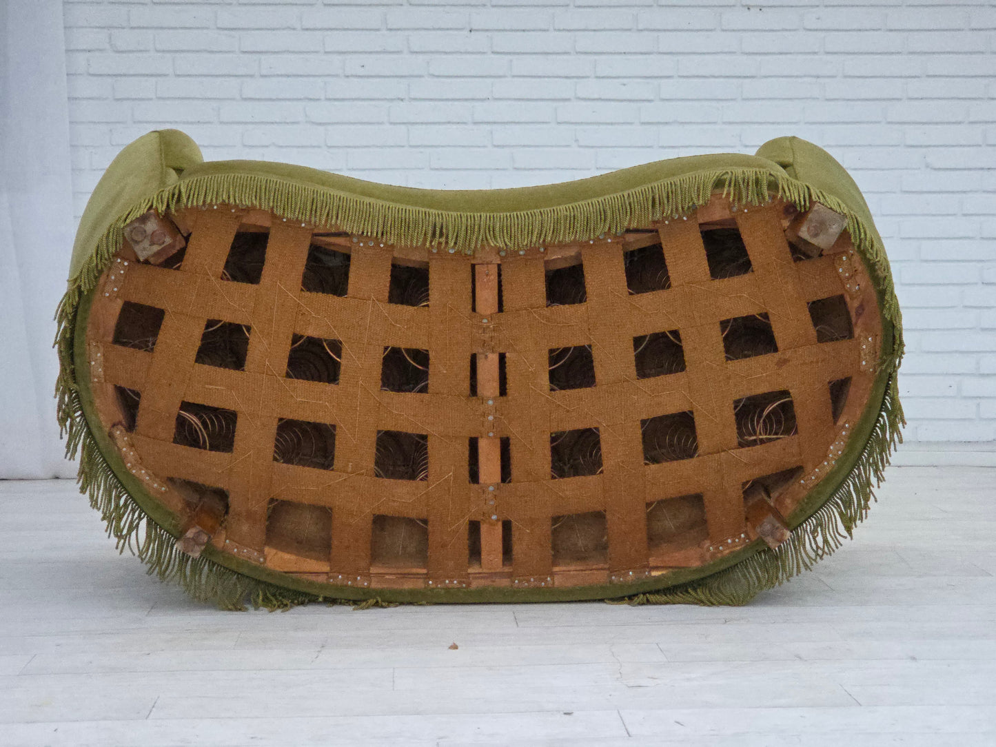 1960s, Danish 2-seater "Banana" sofa, original green furniture velour.