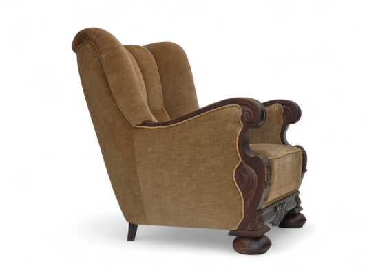 1960s, Danish relax chair, original green furniture velour, carved oak wood.