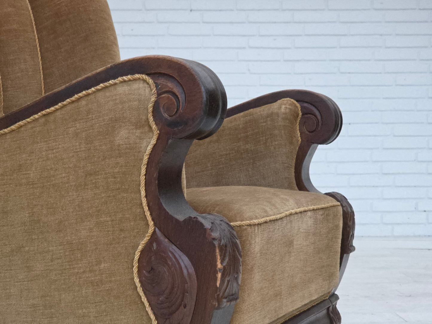 1960s, Danish relax chair, original green furniture velour, carved oak wood.