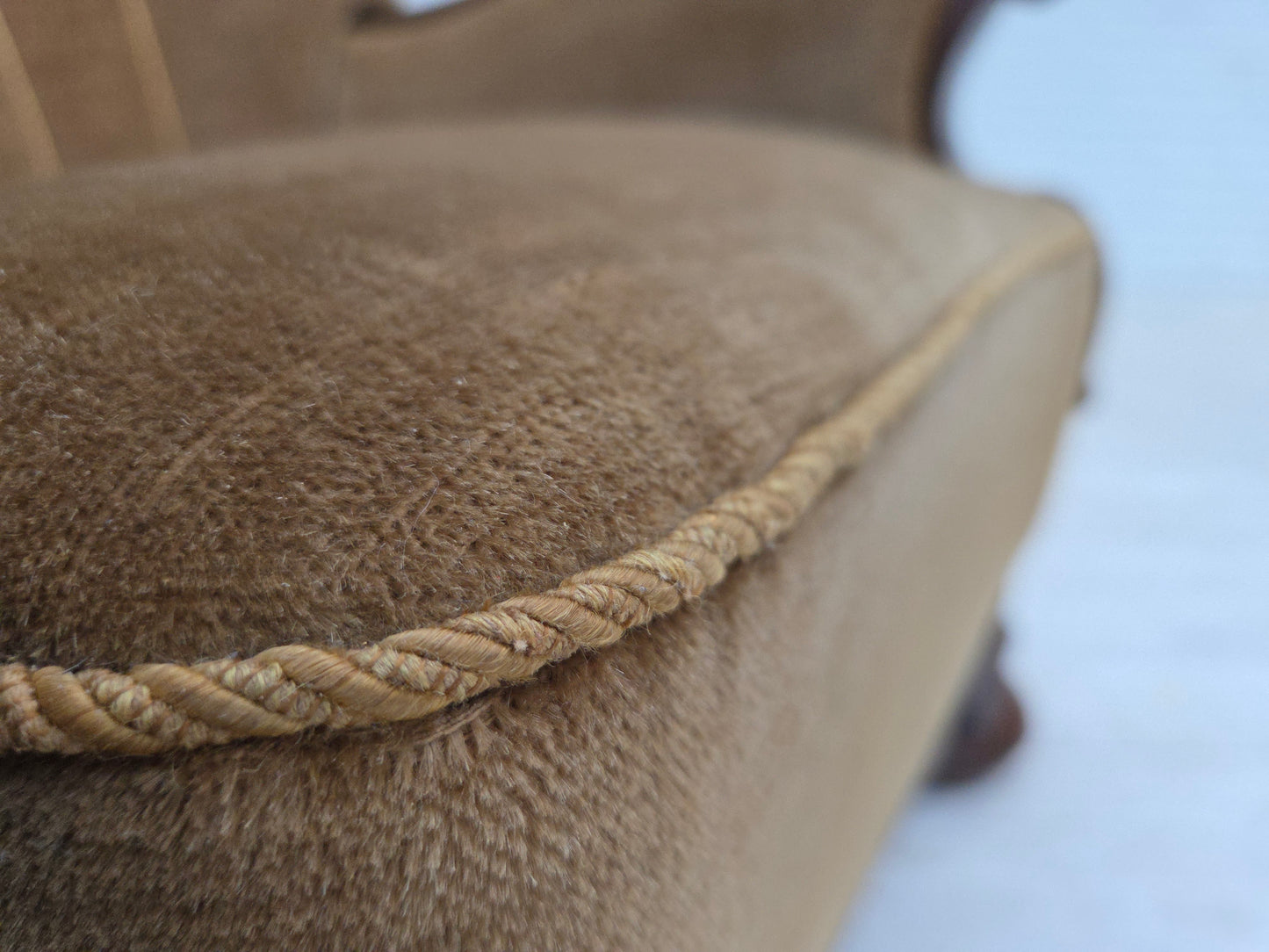 1960s, Danish relax chair, original green furniture velour, carved oak wood.