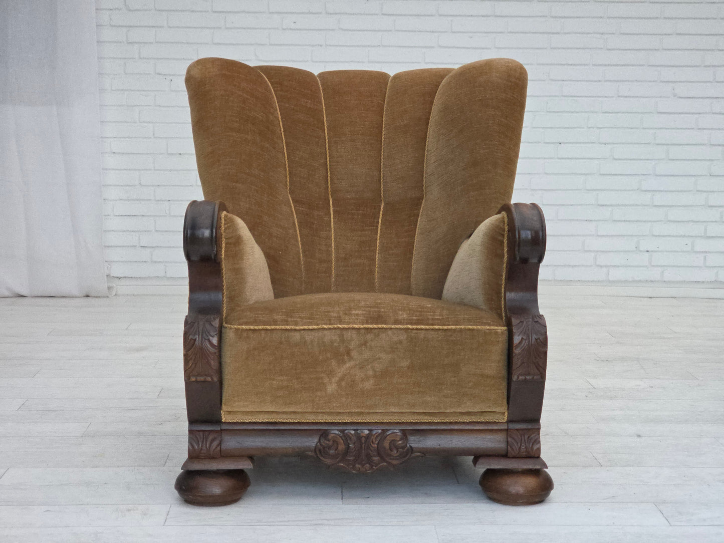 1960s, Danish relax chair, original green furniture velour, carved oak wood.