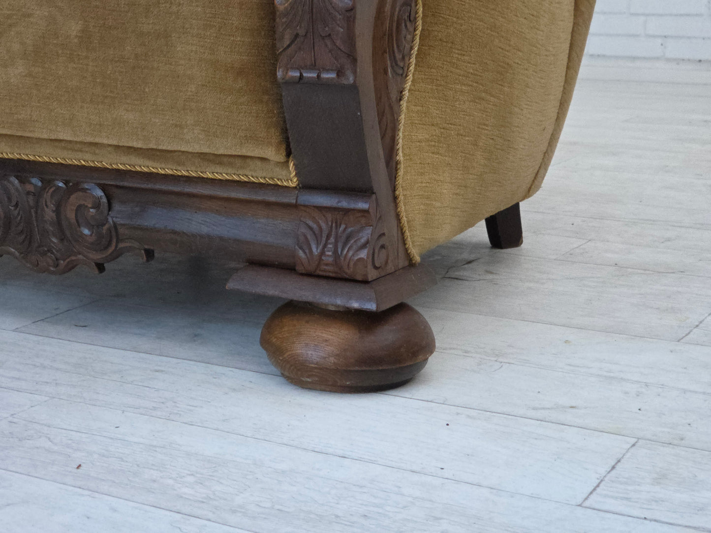 1960s, Danish relax chair, original green furniture velour, carved oak wood.