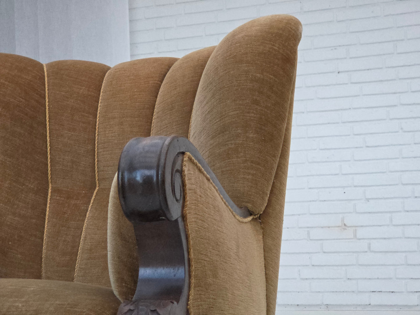 1960s, Danish relax chair, original green furniture velour, carved oak wood.