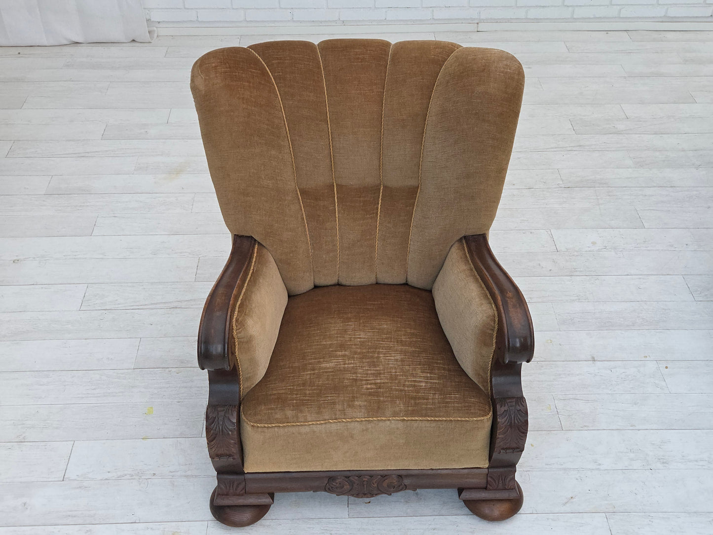 1960s, Danish relax chair, original green furniture velour, carved oak wood.