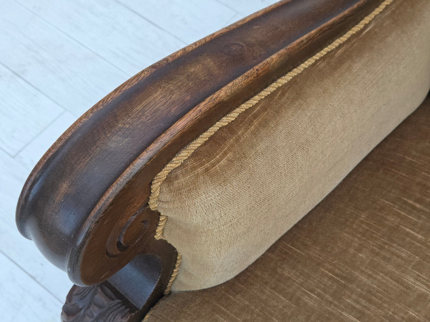 1960s, Danish relax chair, original green furniture velour, carved oak wood.